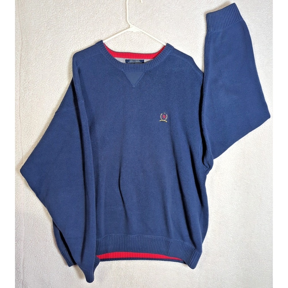 Vintage Tommy Hilfiger Sweater Navy Men's XXL Pullover 100% Cotton Heavy Warm